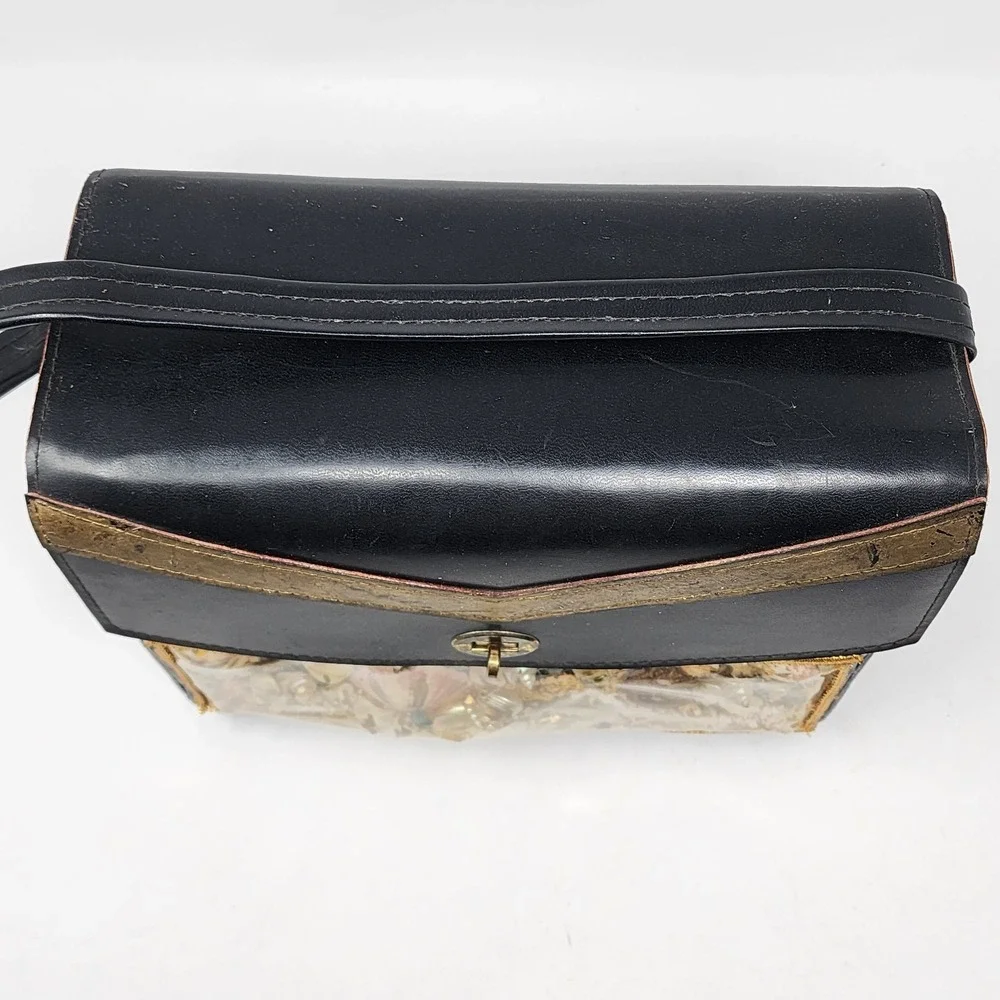 VTG Black Wood Wicker Under the Sea Fish Scene Windowpane Purse Novelty Handbag‎